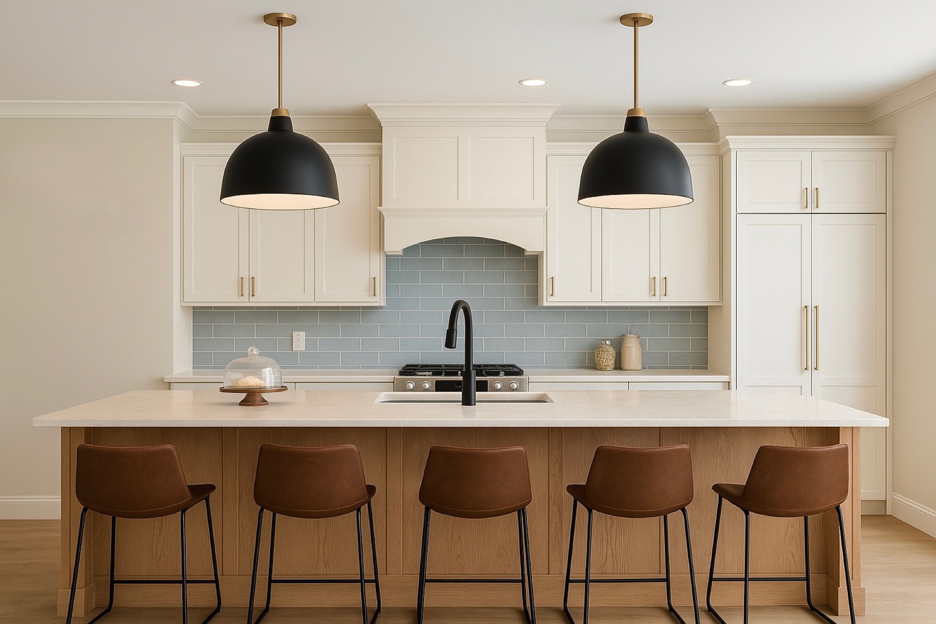Bright full-service kitchen design by Oak Heart Interiors with cream cabinetry, black dome pendant lights, a soft blue tile backsplash and a white oak island with leather counter stools
